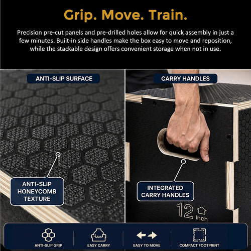3 in 1 Wooden Plyometric Jump Box 16 14 12 Inch Anti-Slip Plyo Box for Home Gym, CrossFit & Fitness Training