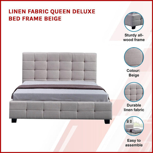 Queen Beige Linen Fabric Deluxe Bed Frame