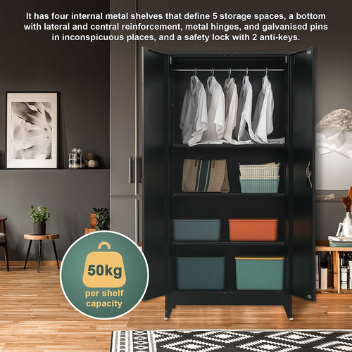 Double-Door Metal Cabinet with 4 Shelves – Office, Garage, or Home Storage in Black with Legs