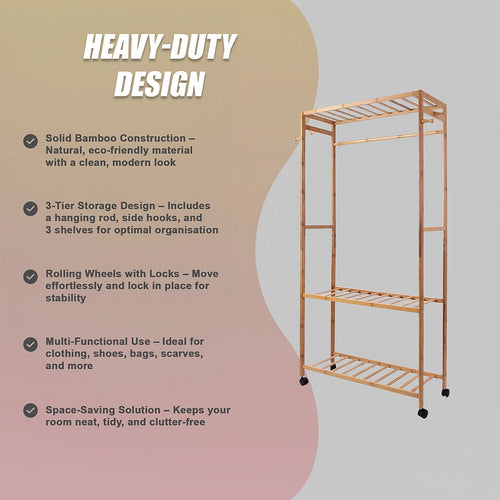 Heavy Duty Wooden Clothes Rail with Shelves & Wheels – Open Wardrobe Rack Stand