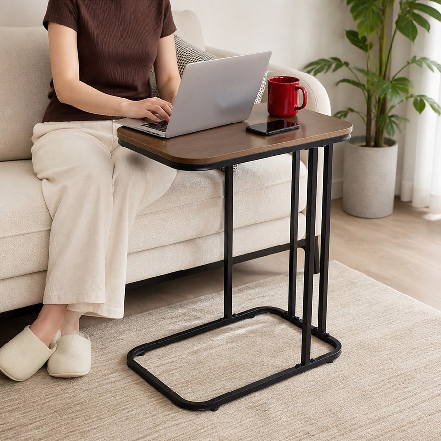 C-Shaped Side Table with Slate Top for Living Room & Bedroom