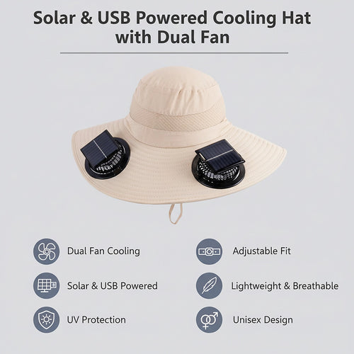 Solar & USB Powered Cooling Hat with Dual Fan – Khaki Outdoor Sun Hat