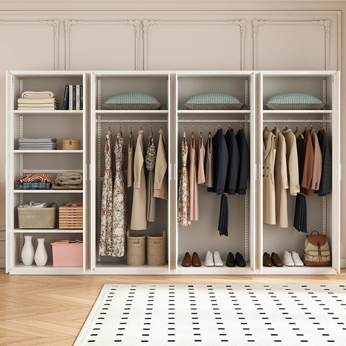320x200cm 8-Door White Steel 3 Hanging and 1 Shelf Wardrobe with White Handle Storage Cabinet