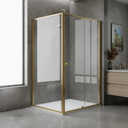 Adjustable Semi Frameless Shower Screen Front: (114~122)x195cm with Gold Hardware and Side: (98~101)x195cm