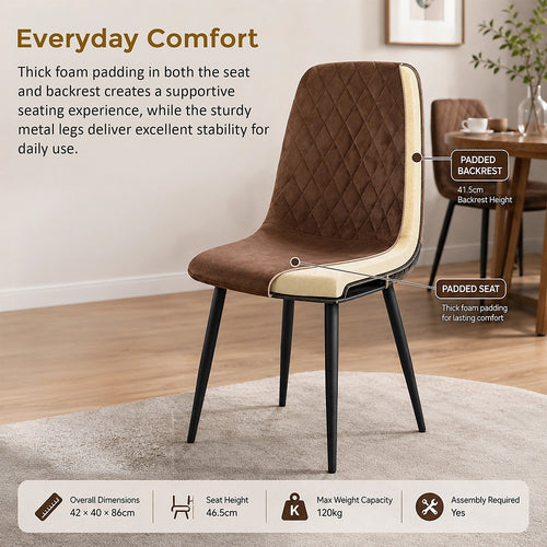 Dining Chair Set of 4 Faux Suede Upholstered Metal Legs Padded Kitchen Dining Chairs Suede Brown