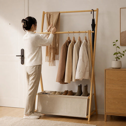 100x155cm Freestanding Clothes Rail Garment Rack in Wood with Storage Shelf – Stylish, Space-Efficient Organiser