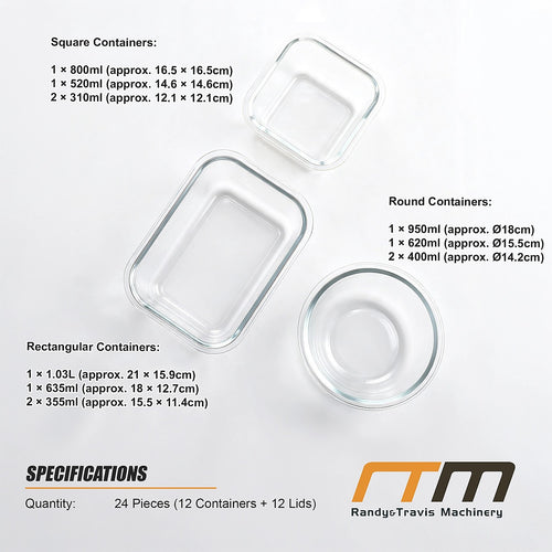 24 Piece Glass Food Storage Containers with Airtight Leakproof Lids Meal Prep Kitchen Storage Set