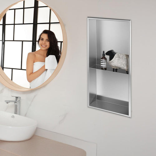 641 x 336 x 101mm Shower Niche Double Shelf Organizer No Tile Needed in Stainless Steel 