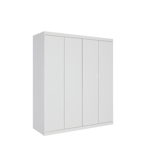 4 Door White Wardrobe Cabinet – Hanging Rail, Shelves & White Handles