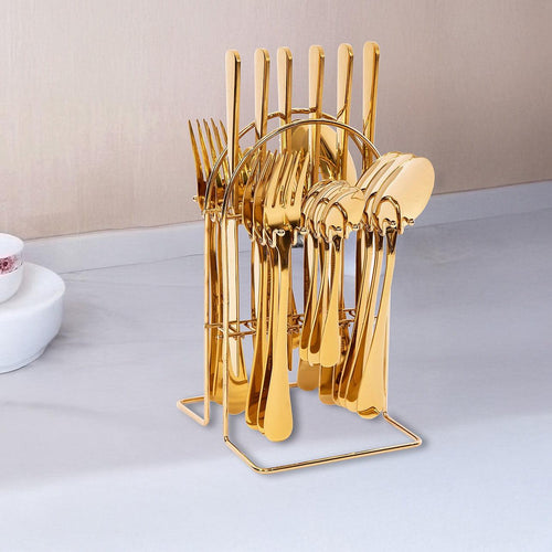 Tableware 24PC Gold Cutlery Set SS304 Household Knife Fork Spoon Kitchen with Storage Rack Dinner Service
