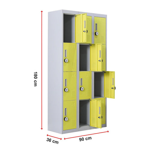 Grey with Yellow Door 12-Door Locker for Office Gym Shed School Home Storage - 4-Digit Combination Lock