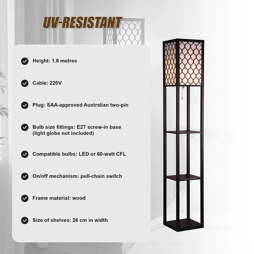 Shelf Floor Lamp with Shade and Open Shelves in Black Wood - Style B