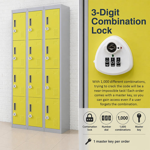 12-Door Steel Locker – Grey with Yellow Door, 3-Digit Combination Lock