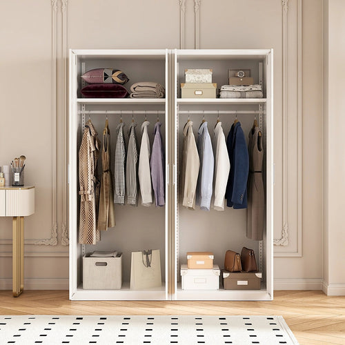 160x200cm 4-Door White Steel Hanging Wardrobe with White Handle Storage Cabinet