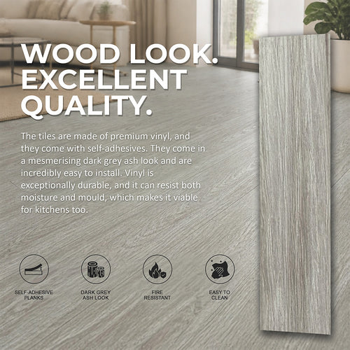 Self Adhesive Vinyl Floor Tiles Peel & Stick Flooring Dark Grey Ash 16 Pack 2.3m²