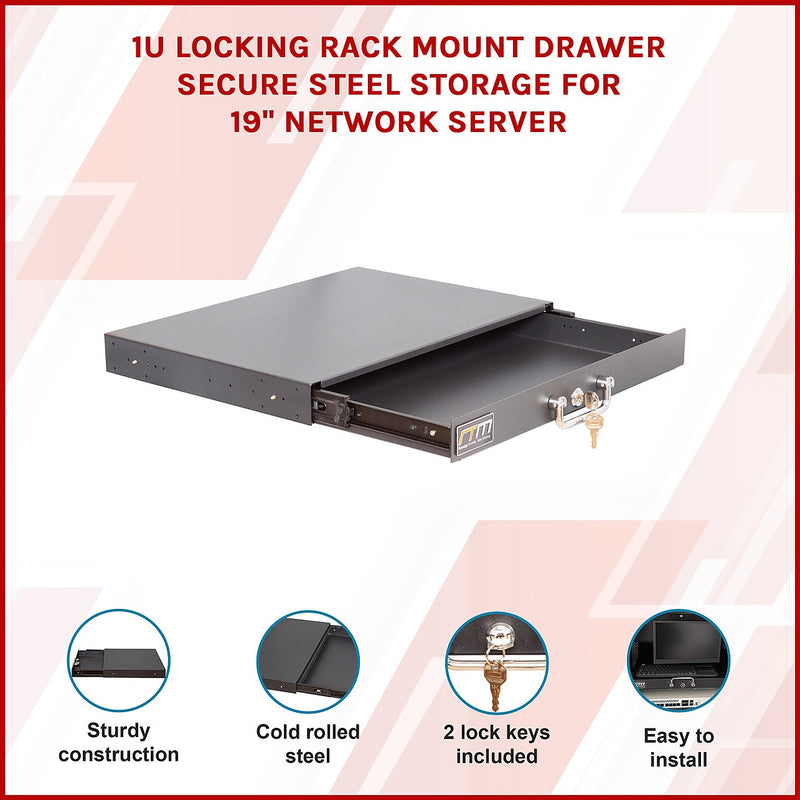1U Locking Rack Mount Drawer Secure Steel Storage for 19