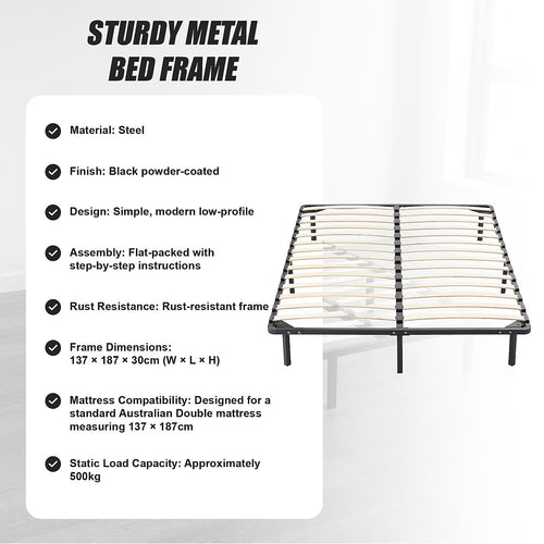 Metal Bed Frame for Double Mattress – Black Powder-Coated Steel Base