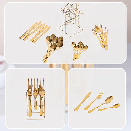 Tableware 24PC Gold Cutlery Set SS304 Household Knife Fork Spoon Kitchen with Storage Rack Dinner Service