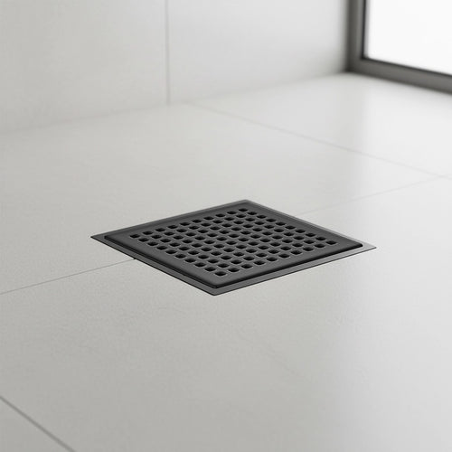 10 x 10cm Square Shower Drain with Grid Pattern Grate – Matte Black Stainless Steel