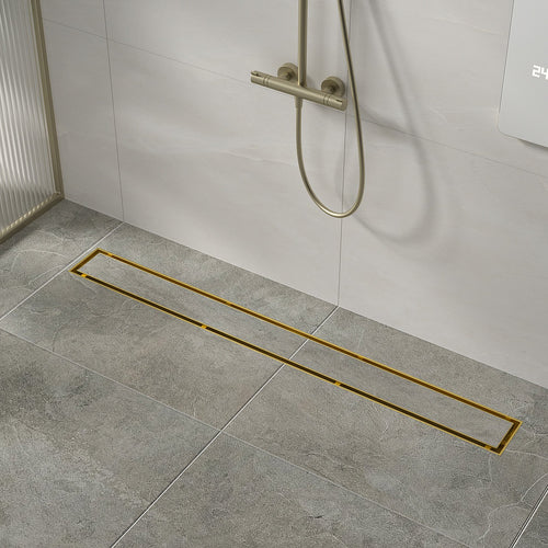 90cm Brushed Brass Tile Insert Shower Grate – Centre Outlet Floor Drain