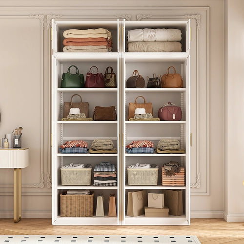 160x240cm 4-Door White Steel Shelf Wardrobe with Gold Handle Storage Cabinet