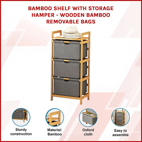 Bamboo Shelf with Storage Hamper – Wooden Organiser Rack with 3 Removable Laundry Bags