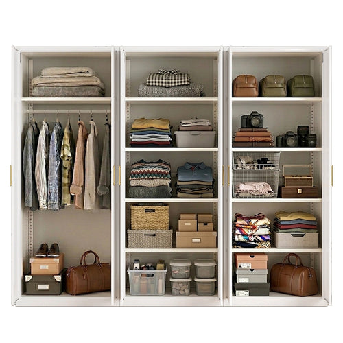 240x200cm 6-Door White Steel 1 Hanging and 2 Shelf Wardrobe with Gold Handle Storage Cabinet