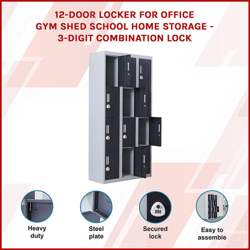 12-Door Locker – Grey with Charcoal Door with 3-Digit Combination Lock | Secure Storage for Office, Gym or School Use