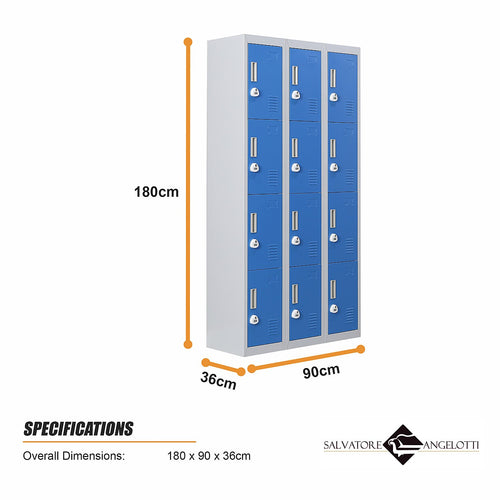 12-Door Steel Locker – Grey with Blue Door, 3-Digit Combination Lock