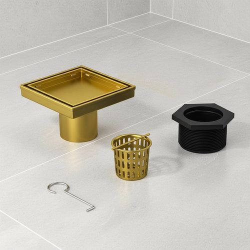 10 x 10cm Square Shower Drain with Tile Insert Grate – Gold Stainless Steel