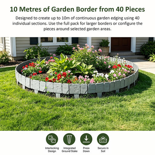 Garden Edging Border 10m 40 Pack Stone-Look PP Plastic Stakes