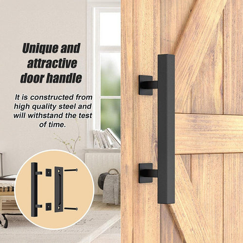 12" Square Pull and Flush Door Handle Set Black Barn Door Hardware
