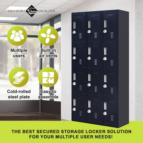 12-Door Locker – Black with 3-Digit Combination Lock | Secure Storage for Office, Gym or School Use