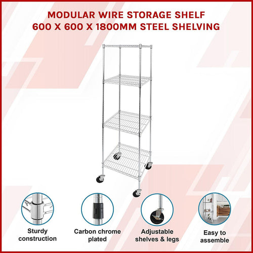 Modular Wire Storage Shelf 600 x 600 x 1800mm Steel Shelving - Carbon Chrome Plated with Wheels