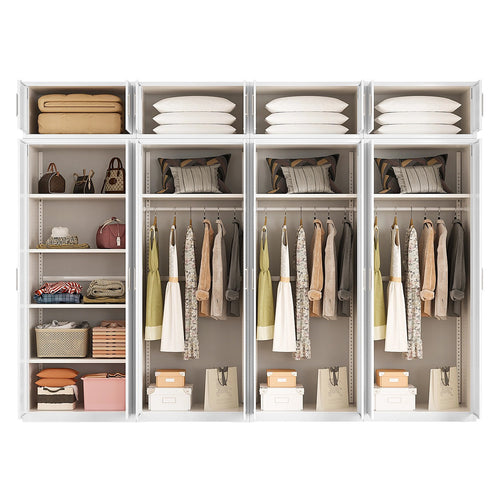 320x240cm 8-Door White Steel 3 Hanging and 1 Shelf Wardrobe with White Handle Storage Cabinet