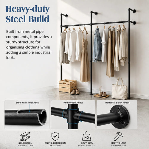 Industrial Pipe Clothes Rack Wall Mounted 201cm Heavy Duty Black
