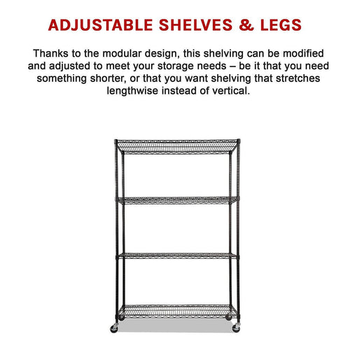 Modular Wire Storage Shelf 1200 x 600 x 1800mm Steel Shelving - Baking Black Technology with Wheels