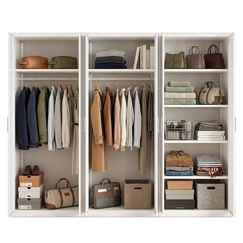 240x200cm 6-Door White Steel 2 Hanging and 1 Shelf Wardrobe with White Handle Storage Cabinet