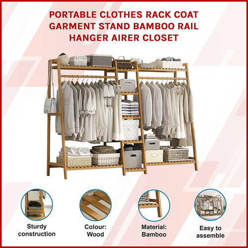 190cm Freestanding Bamboo Clothing Rack – Wood Bedroom Rail