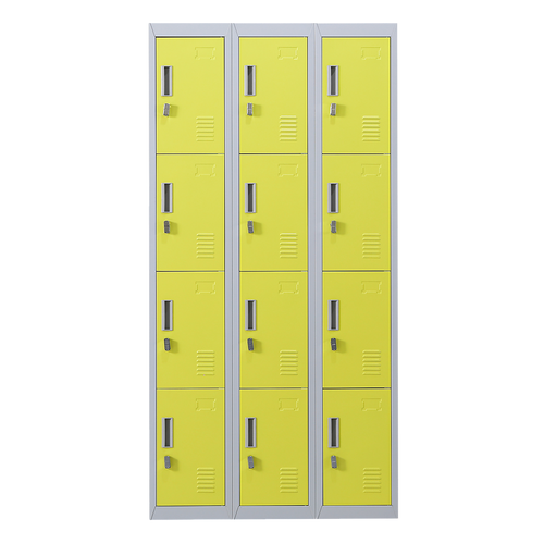 12-Door Locker – Grey with Yellow Door with Padlock-operated | Secure Storage for Office, Gym or School Use