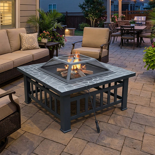 Square Fire Pit – Metal Design with Mesh Screen Lid & Poker
