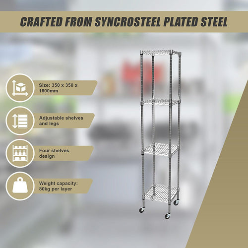 Modular Wire Storage Shelf 450 x 450 x 1800mm Steel Shelving - Carbon Chrome Plated with Wheels