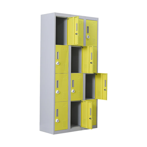 12-Door Steel Locker – Grey with Yellow Door, 3-Digit Combination Lock