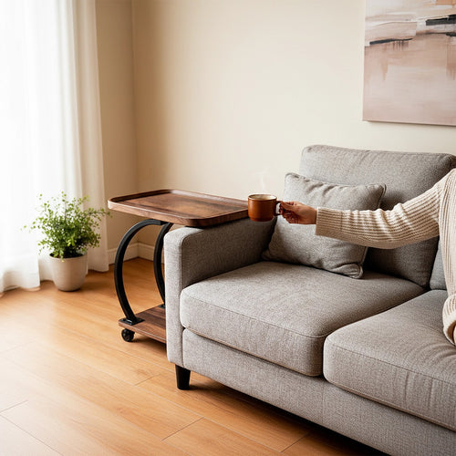 C-Shaped Corner End Table with Wheels Sofa Side Table
