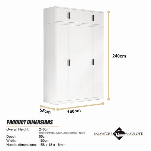 160x240cm 4-Door White Steel Shelf Wardrobe with Black Handle Storage Cabinet