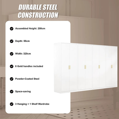 320x200cm 8-Door White Steel 3 Hanging and 1 Shelf Wardrobe with Gold Handle Storage Cabinet