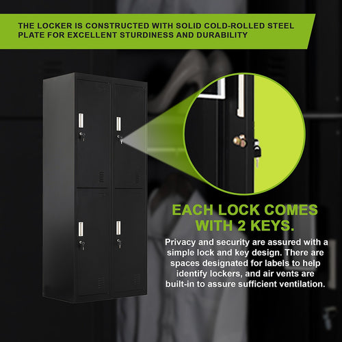 2x2 Door Black Metal Locker – Secure Storage with Standard Lock with 2 Keys