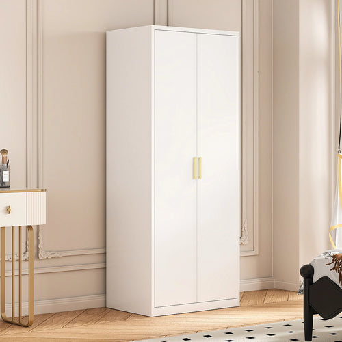 80x200cm 2-Door White Steel Shelf Wardrobe with Gold Handle Storage Cabinet
