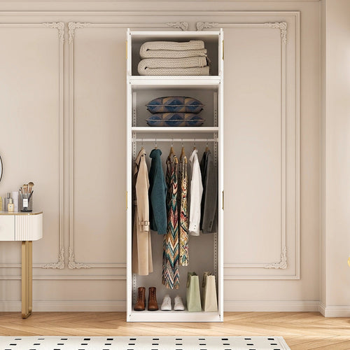 80x240cm 2-Door White Steel Hanging Wardrobe with Gold Handle Storage Cabinet