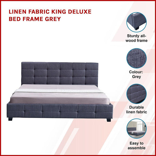 King Grey Linen Fabric Deluxe Bed Frame